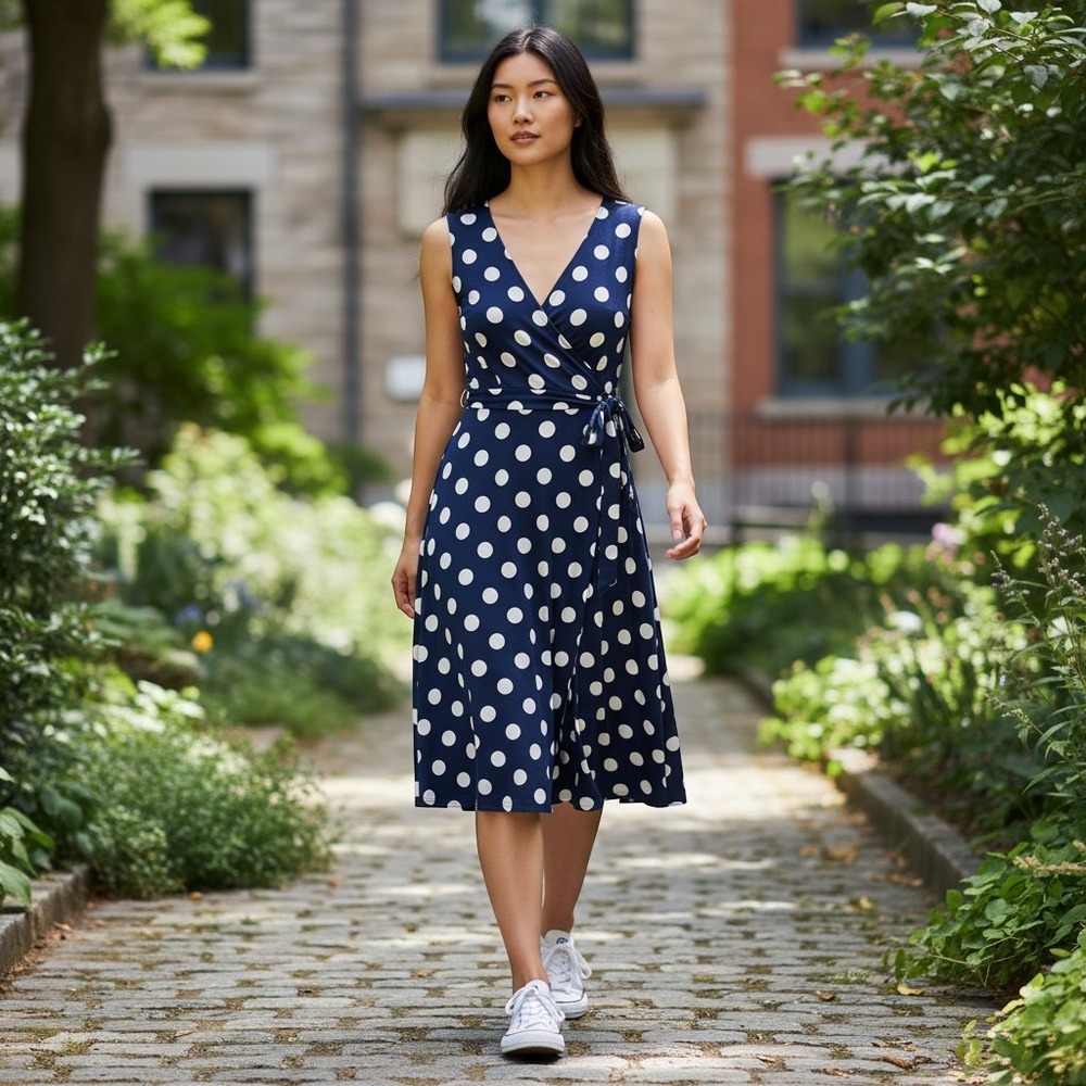 Mix by 41 Hawthorn Faux Wrap Dress Womens XL Navy Polka Dot Kassidy Midi